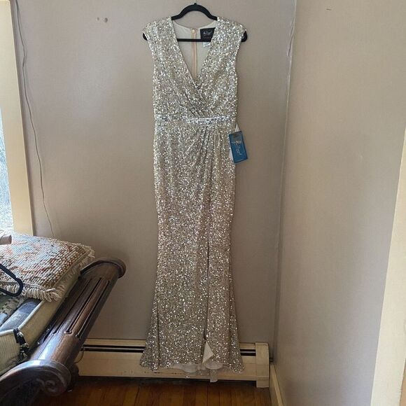 Mac Duggal Sz 8 Ombre Sequined Maxi Fishtail Evening Gown Dress Bridal Prom NWT - Picture 10 of 12